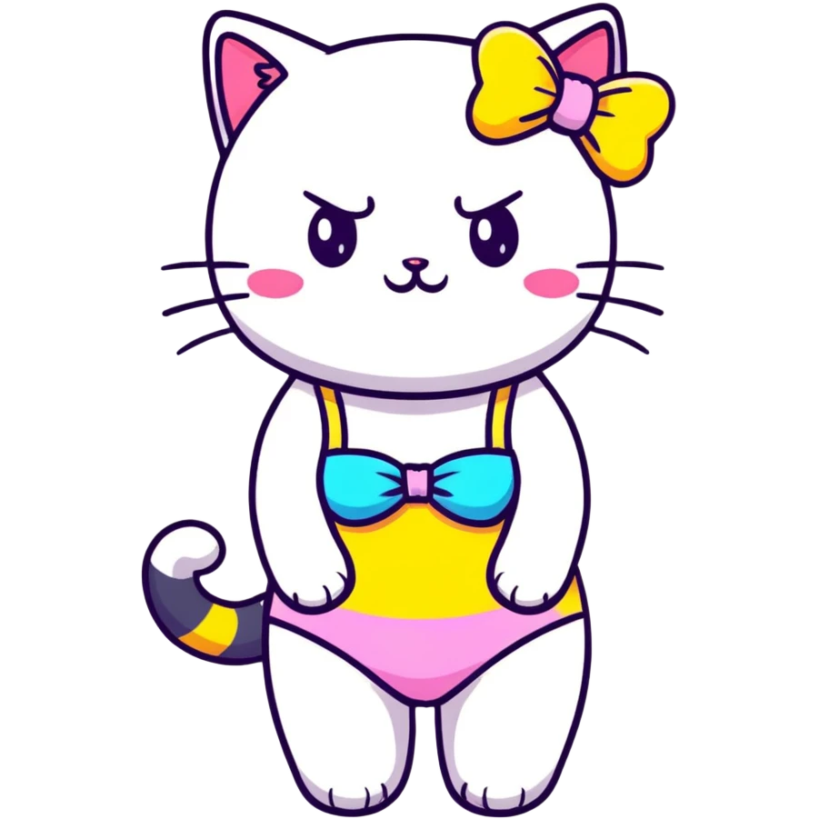 Cute short cat girl with bow, big head and small body in a colorful swimsuit, kawaii style emoji