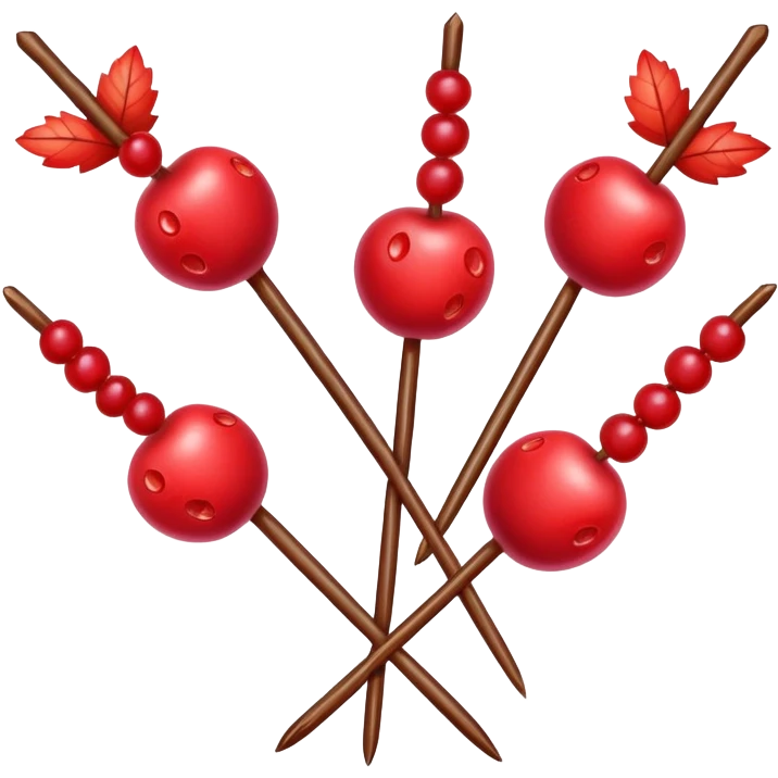 Northeast China candied hawthorn sticks tanghulu bright red fruits on skewer, simplified emoji style with bold outlines and bright colors, cartoon style sugar-coated berries emoji