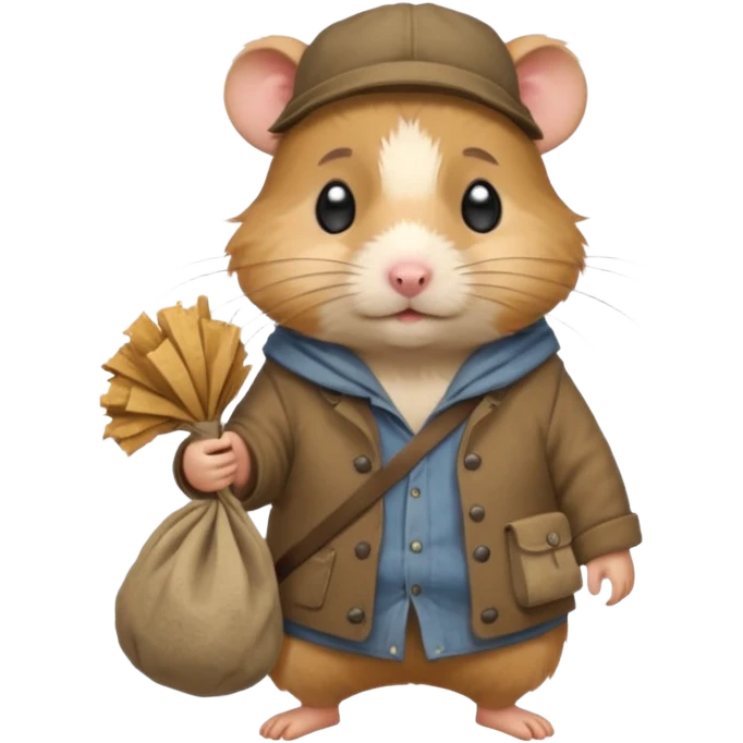 cartoon-style hamster poor hobo carrying a bindle over its shoulder with a sad expression. emoji