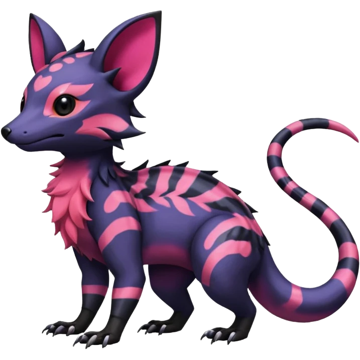 Rare epic aesthetic colorful Salandit-Noibat-Eevee-Civet-species-Fakemon-hybrid-creature, with markings, full body emoji