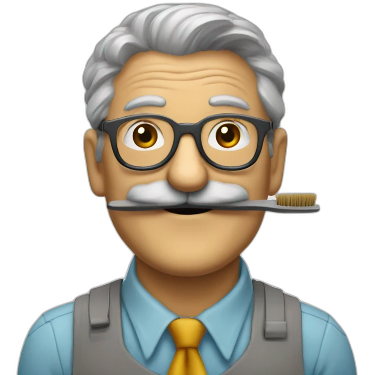smiling old painter wearing a big gray horeshoe mustache, glasse and a brush. he wears color shirt and tie emoji