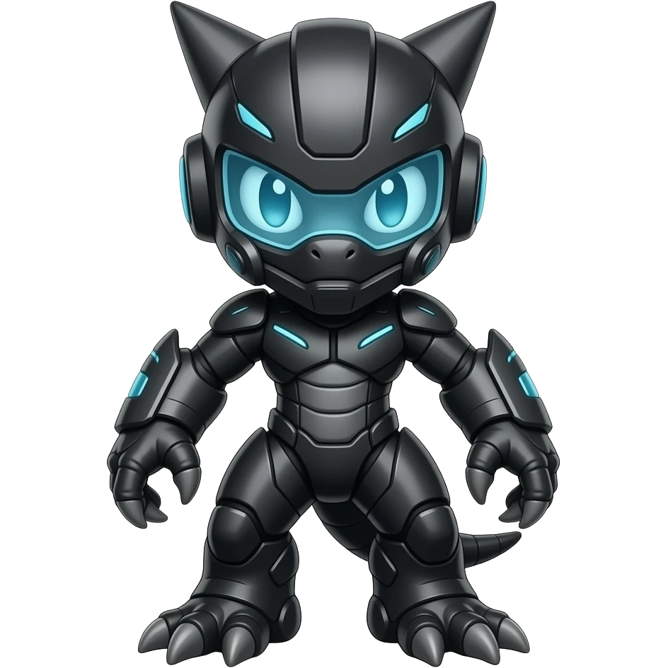 a black Genesect-Raptor-Fakémon—hybrid with a futuristic visor-helmet full bodya black-blue Genesect-Raptor-Fakémon—hybrid with a futuristic visor-helmet full body emoji