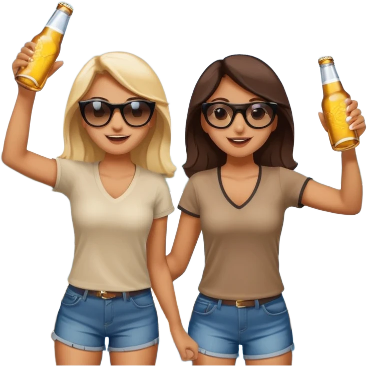 Girls cheers bottled beers together on a dock on a lake emoji