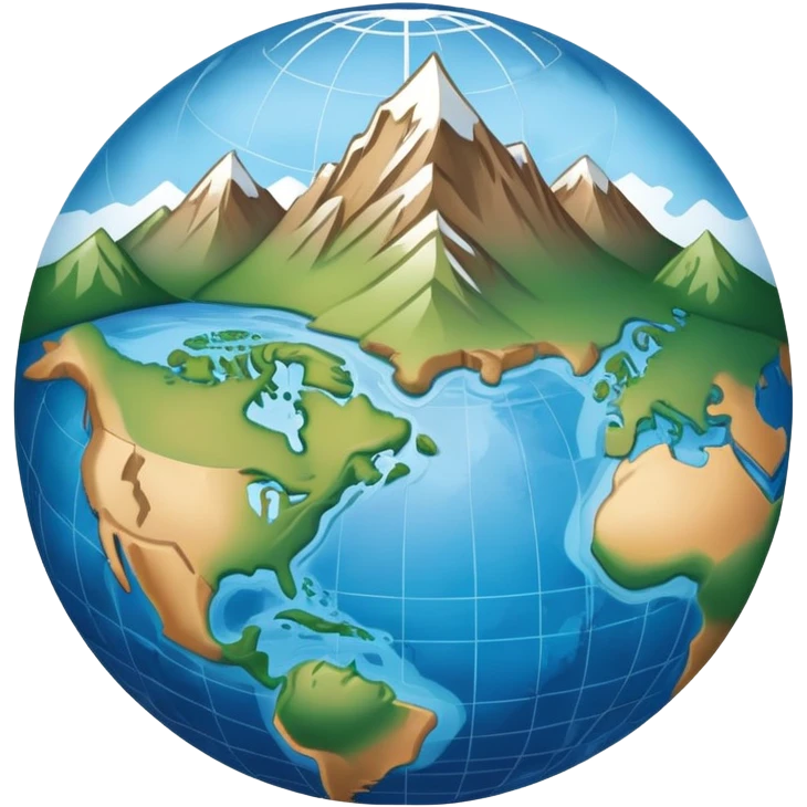 an icon featuring an earth with attitude and longitude lines, a textbook, and a topographic map, symbolizing geography as a science. The design includes a compass, mountain ranges, and rivers, representing the study of Earth's features and landscapes. Transparent background highlights geography. emoji