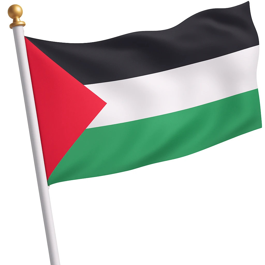Correct the Palestinian flag in the image so that the black stripe on top starts at the same point as the green stripe below, not at the tip of the red triangle. The black and green stripes should mirror each other, both starting halfway along the upper and lower arms of the red triangle. Keep the flag fluttering and maintain the 3D emoji style appearance. emoji
