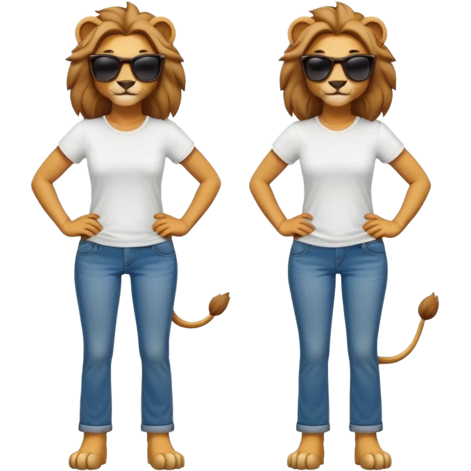 friendly anthropomorphised female lion character, full body, standing confidently with legs shoulder width apart and hands on hips, wearing jeans, a white t-shirt, and dark sunglasses, with a confident smile emoji