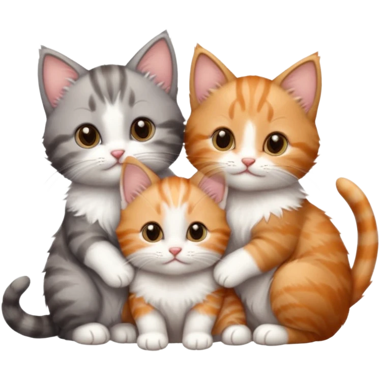 3 tiny kittens cuddling together all different colours, the first one is grey and white, the second is ginger and white and the third is brown tabby and white emoji