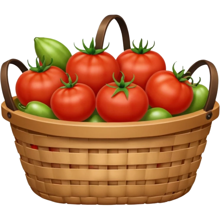 It is an image of fruits including tomatoes in the basket, and there are 5 to 6 fruits emoji