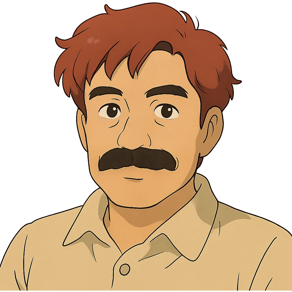 asian man with black mustache and red hair, 90's anime style portrait, ghibli style emoji