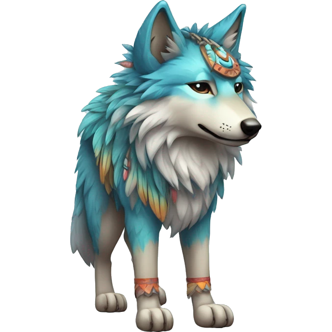 Fluffy Shy Colorful Spiritual Shamanic Wolf With Shiny Tribal Markings wearing feathers Full Body emoji