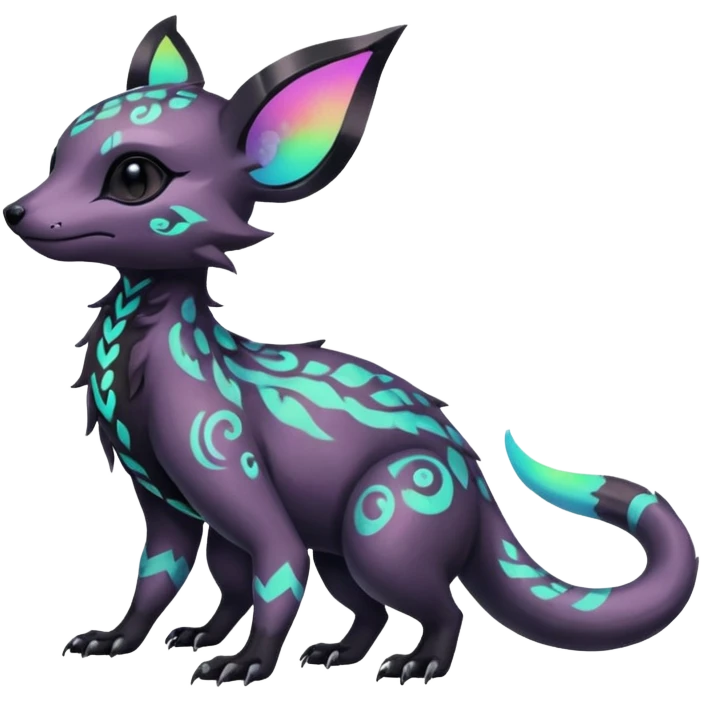 Rare neon iridescent white exotic cute epic aesthetic gothic colorful Salandit-Eevee-Civet-species-Fakemon-hybrid-creature, with intricate tattoo markings, full body emoji