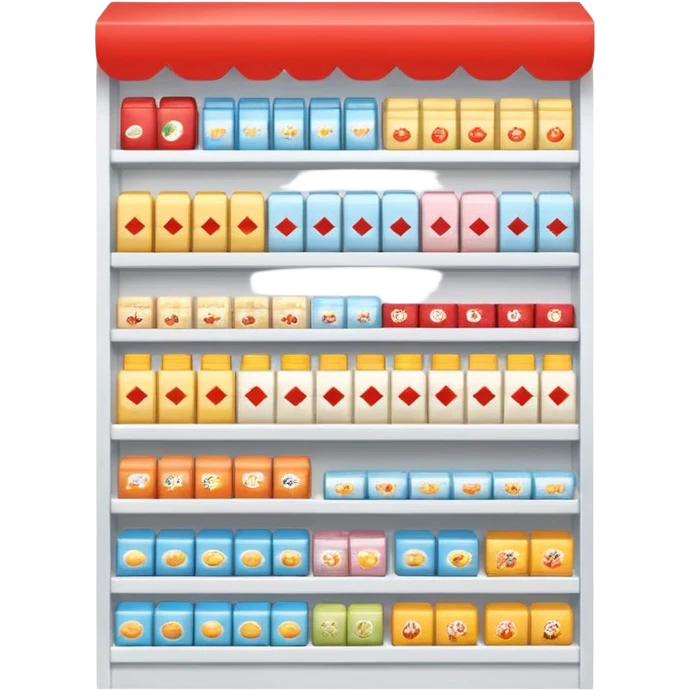 "Minimalist Japanese retail shelf display, products arranged in identical horizontal rows, with multiple units of each item placed directly behind one another, vertically varied by type, clean spacing, precise symmetry, soft neutral lighting, front-facing packages, ultra-detailed." emoji