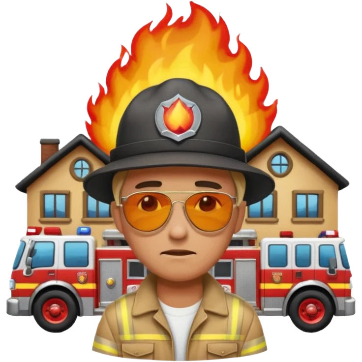 sad man standing with a house on fire behind him, fire trucks arriving, apple style emoji emoji