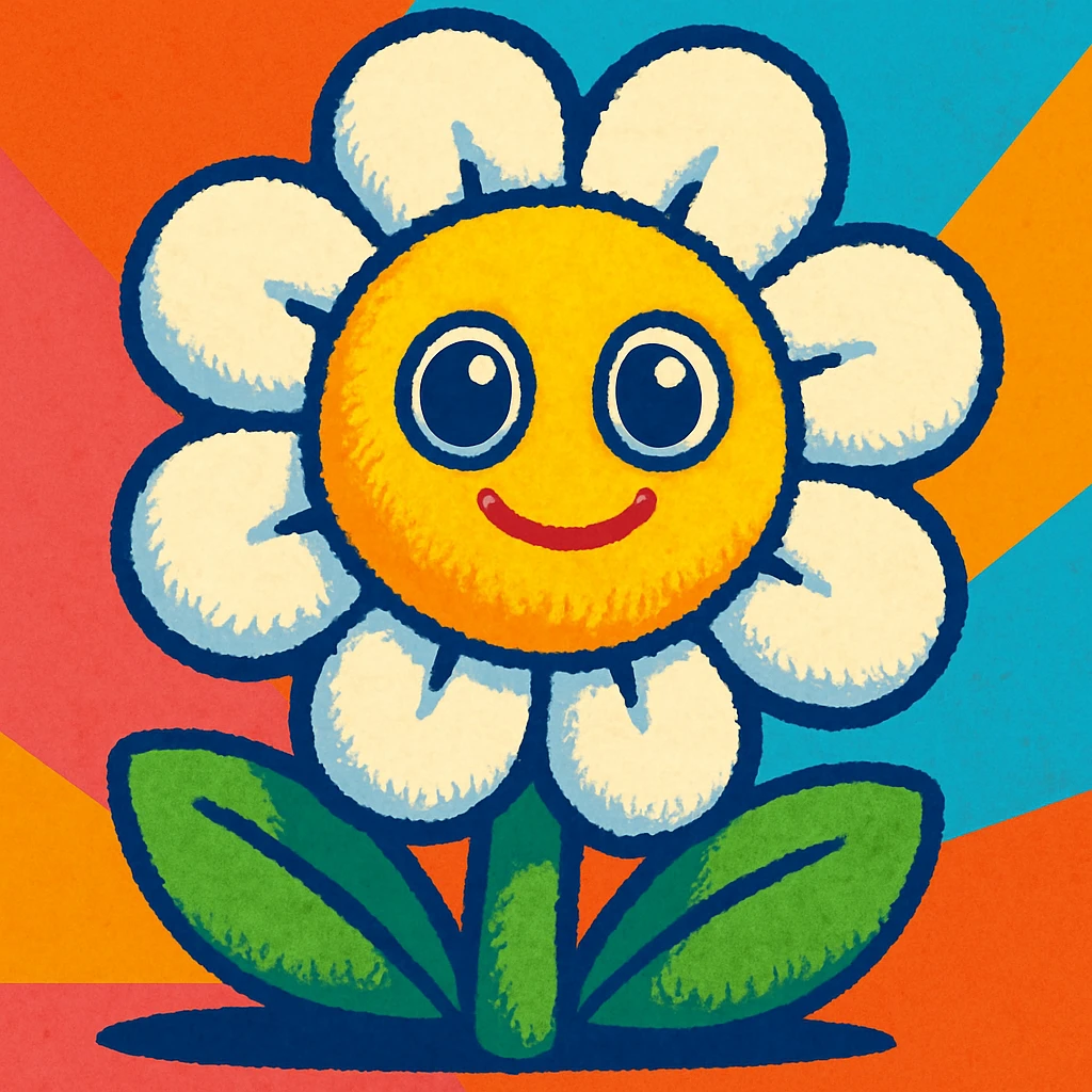Make the plush flower toy with white petals and a yellow center, vibrant style, big eyes, fuzzy texture. emoji