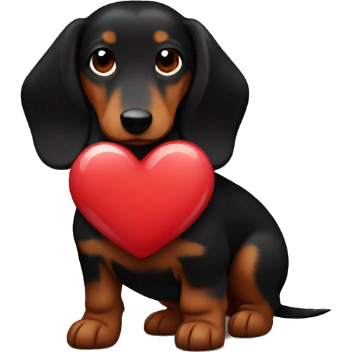 black and brown long haired daschund hugging a heart emoji
