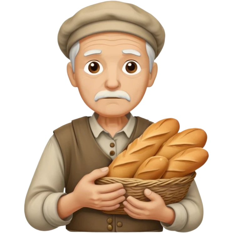 peasant in an old shirt photorealistic serious old face with bread in old hands emoji
