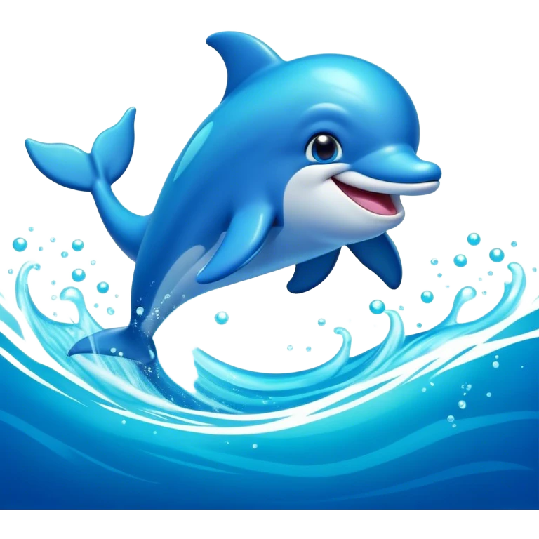 Cinematic Adorably Playful Dolphin Portrait Emoji, Bouncing joyfully through sparkling turquoise waves with a sleek, streamlined body of glossy blue skin, a wide, infectious smile, and bright, twinkling eyes that radiate pure delight, Simplified yet charmingly exuberant features, highly detailed, glowing with a radiant, bubbly aquatic glow, high shine, energetic and heartwarming, stylized with an air of whimsical ocean fun, soft glowing outline, capturing the essence of a super cute dolphin that seems ready to leap out of the screen spreading joy! emoji