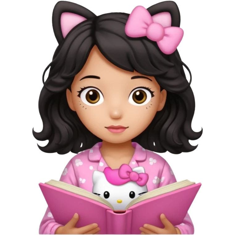 Chica peli negra  cabello ondulado tes trigueña con una pijama rosa de hello kitty leyendo un libro rosa de haditas  emoji