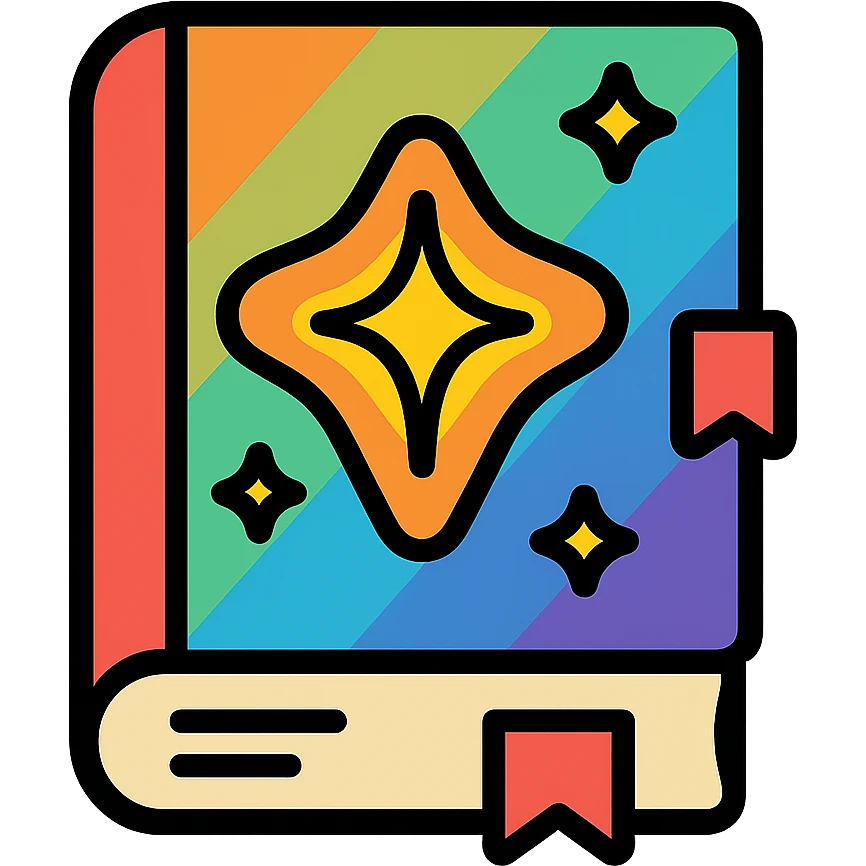 wizard's tome with a glowing cover, rainbow colors, color icon style emoji
