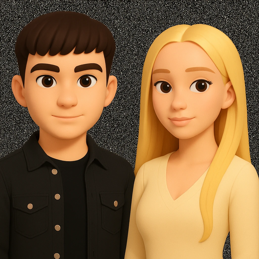 Slightly increase the volume of the upper body of the girl, significantly spread them apart from each other, make the skin color the same for both characters, keep the cartoon style as in the reference image. emoji