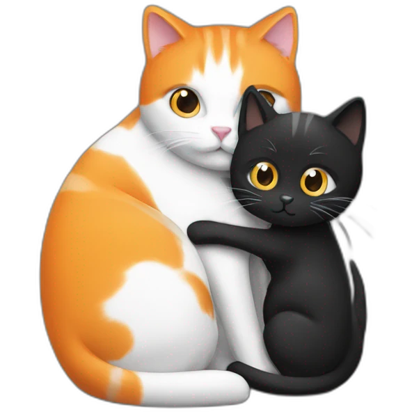 An orange and a black and white cat hugging emoji