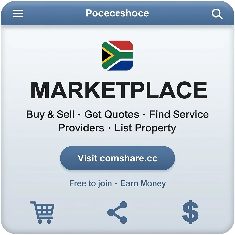 Main heading: "MARKETPLACE" Subtext: "Buy & Sell • Get Quotes • Find Service Providers • List Property" Call to action: "Visit comshare.cc" Bottom text: "Free to join • Earn Money"  Style: Modern, clean, professional. South African themed.   Include subtle icons for shopping, sharing, money. emoji