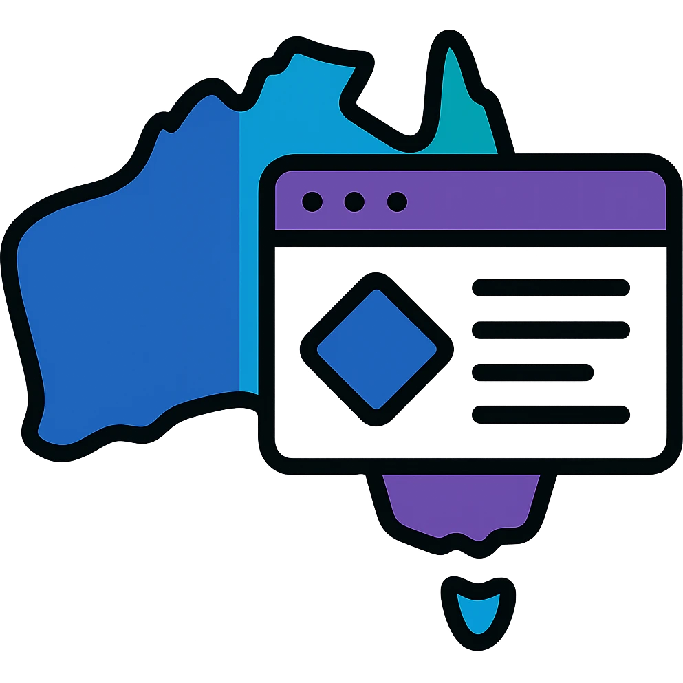 Add Microsoft Power Pages brand colors (blue, purple, teal) to the map of Australia with digital web page overlay, keep the modern and techy look, no text emoji