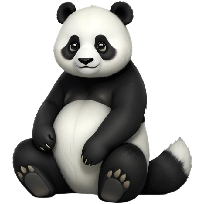 cinematic-[panda bear]-realistic-full-body-sitting-emoji,-tail-tucked-close,-head-tilted-dramatically,-thick-[black and white]-fur,-simplified-yet-realistic-focused-features,-highly-detailed,-glowing-with-an-almost-sarcastic-glow emoji