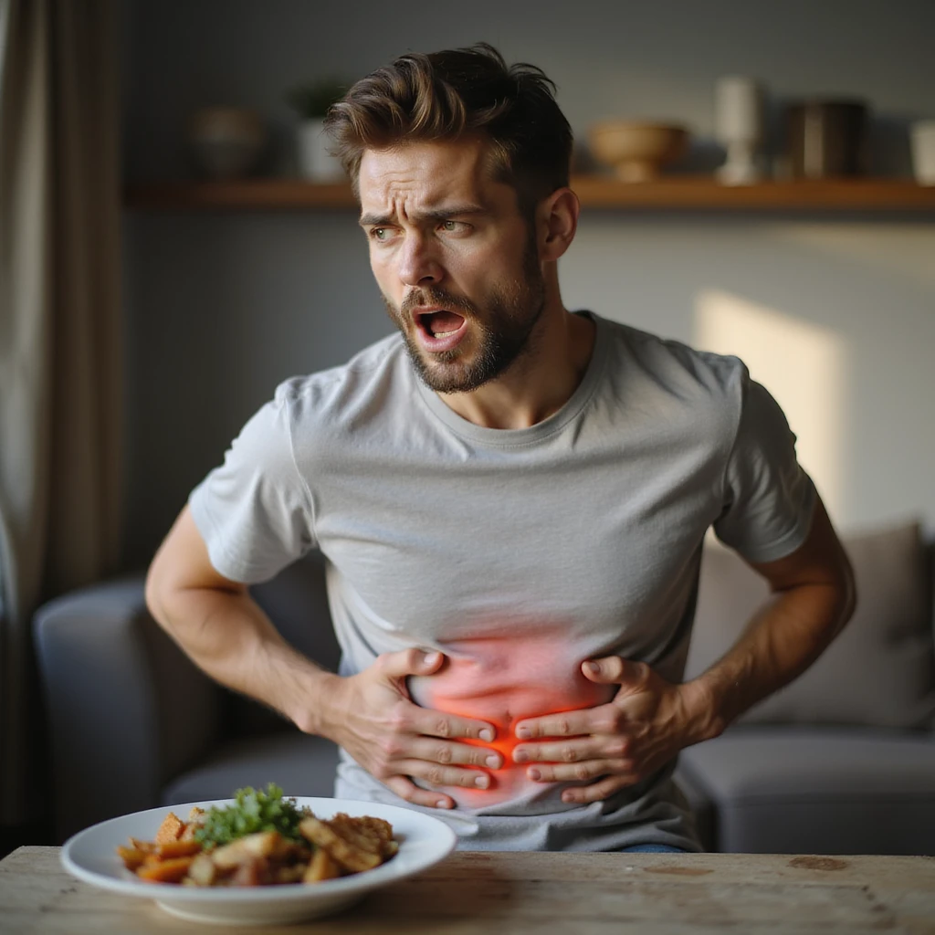 realistic 28-year-old man experiencing abdominal pain or bloating after eating, surprised expression, domestic environment emoji