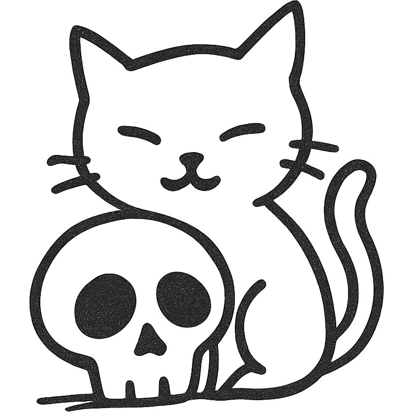 black cat with a skull, hand-drawn line art emoji