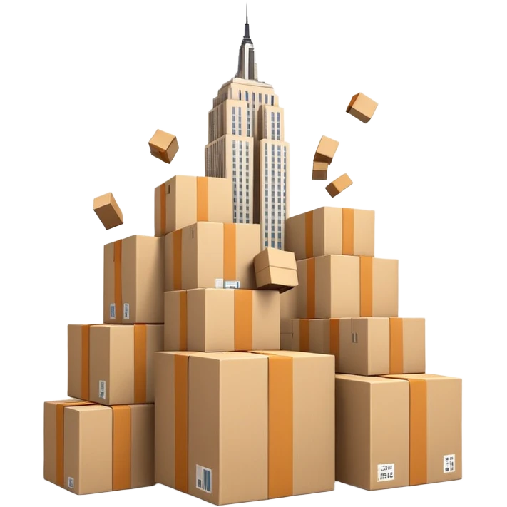 Empire State Building with plain boxes tumbling down, dynamic, fun emoji