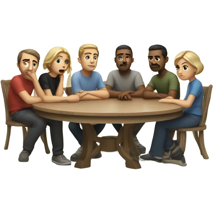 6 Caucasian people sitting around a table looking unhappy emoji