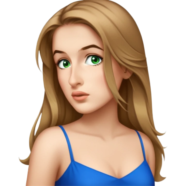 female, wearing a dress, long dark-blonde hair, blue eyes dark emoji