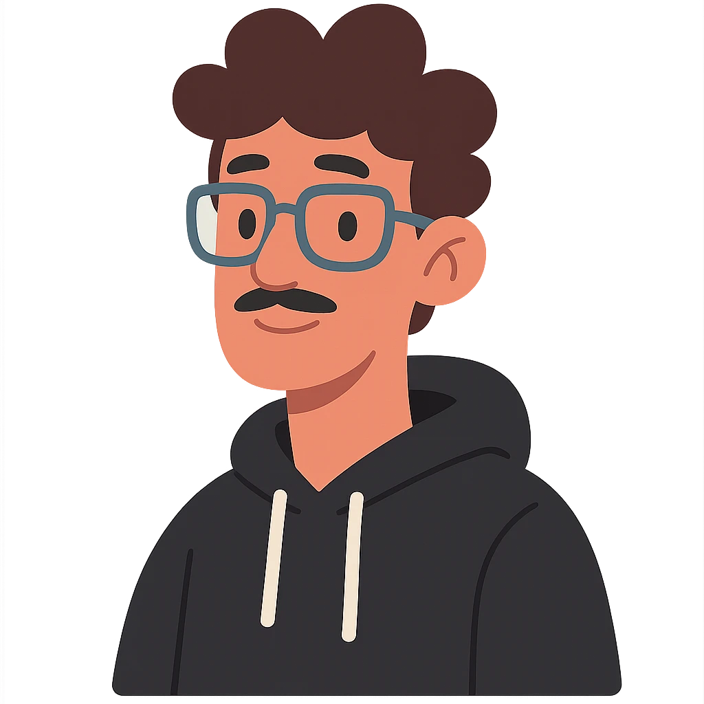 Malay teenager with fluffy hair, long face, light mustache, glasses, and a black hoodie in pastel toon style emoji