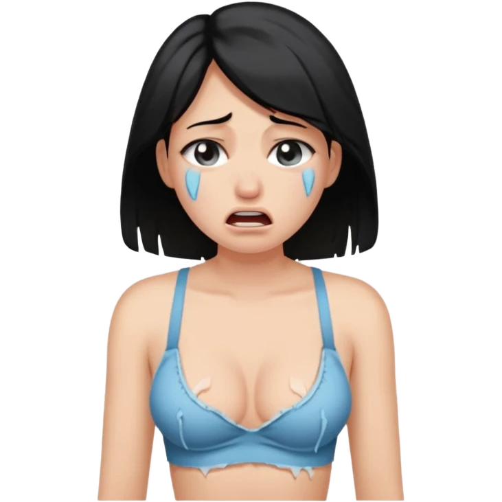 Mulher jovem chorando muito com as roupas rasgadas e sutiã aparente emoji