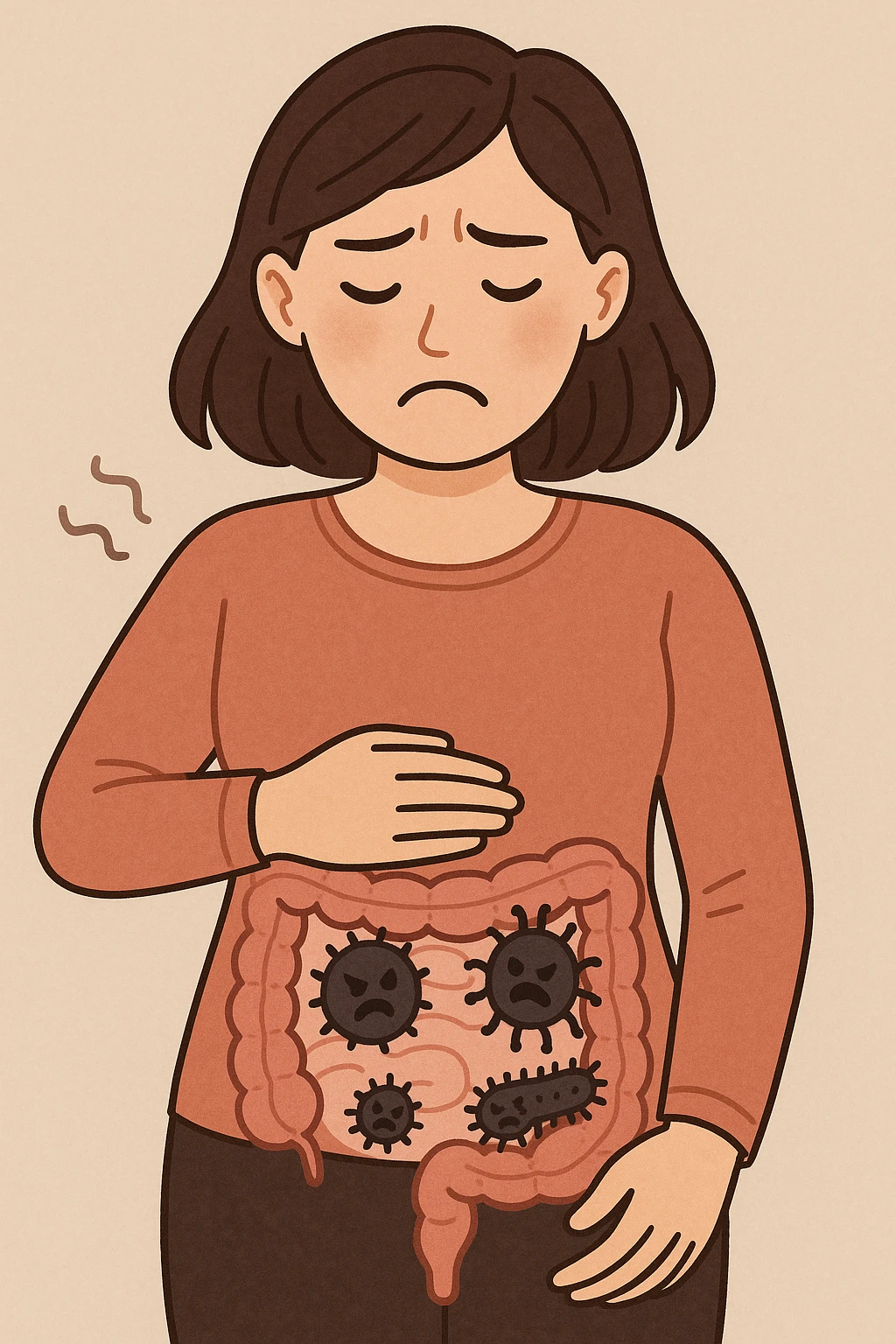 donna con batteri cattivi pieni nel suo intestino emoji