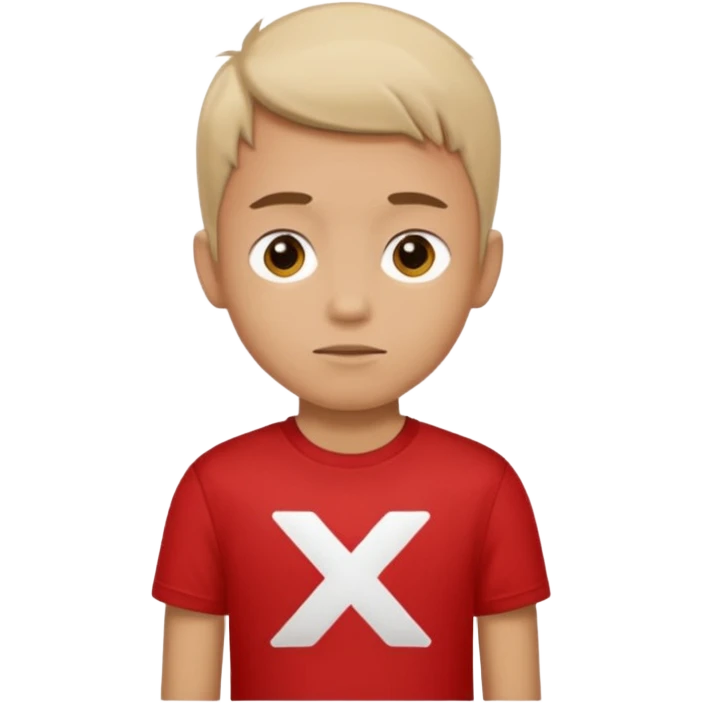 boy wearing a red t shirt with an X on the side of the t-shirt emoji