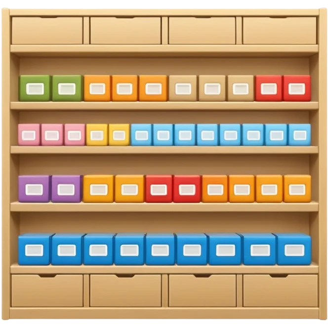 "Minimalist Japanese shelf display, products aligned identically across horizontal rows, vertically varied by type, clean spacing, precise symmetry, soft neutral lighting, aesthetic composition, highly organized, front-facing packages, ultra-detailed." emoji