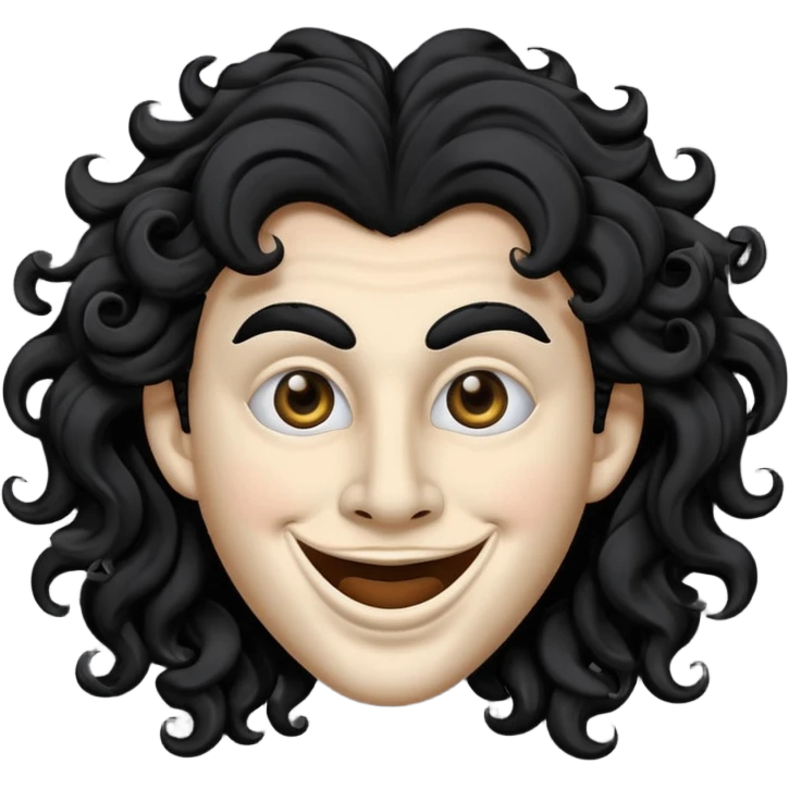 generate theatre mask emoji with a big curly black hair 

wide black coloured smile, long and pointy white nose with no nostrils, pitch black eyes emoji