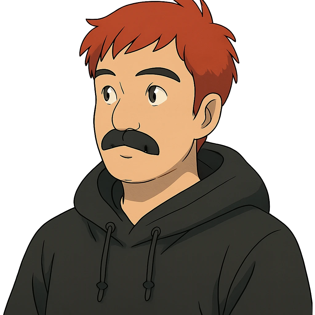 Asian man with black mustache, red hair, wearing a black hoodie in Japanese cyberpunk anime style emoji
