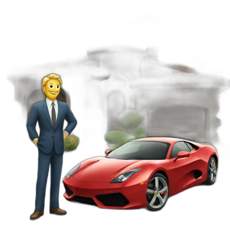rich man standing near a super car with money emoji