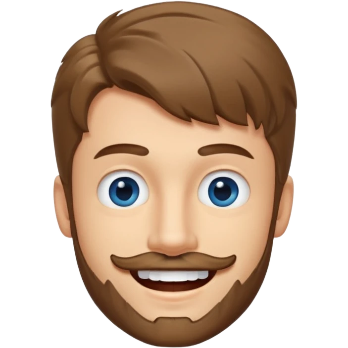 25 year old man, short scruffy beard and thin moustache, brown puffy mullet, blue eyes, big smile, white teeth, big lips, pronounced jaw, hair longer in back, sticking up on top, thin face emoji
