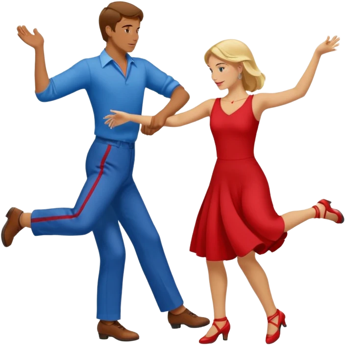 Two people. Man wearing all  RED with brown hair. Women  ALL blue with blond hair. Swing Dancing. Need four legs emoji