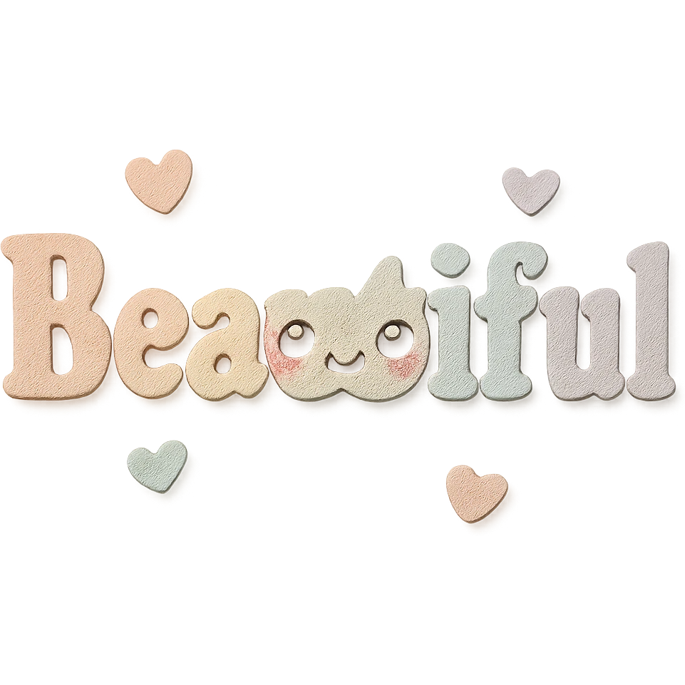 Add a cute kawaii face and tiny pastel hearts to the text, keep the 3D paper-craft effect, no outline, transparent background emoji