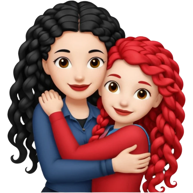 White girl long black hair hugs black girl with red French curl braids  emoji