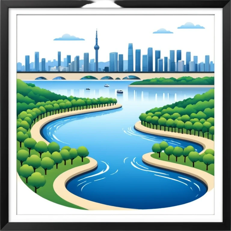 Hangang river, Seoul skyline, and park, no border emoji