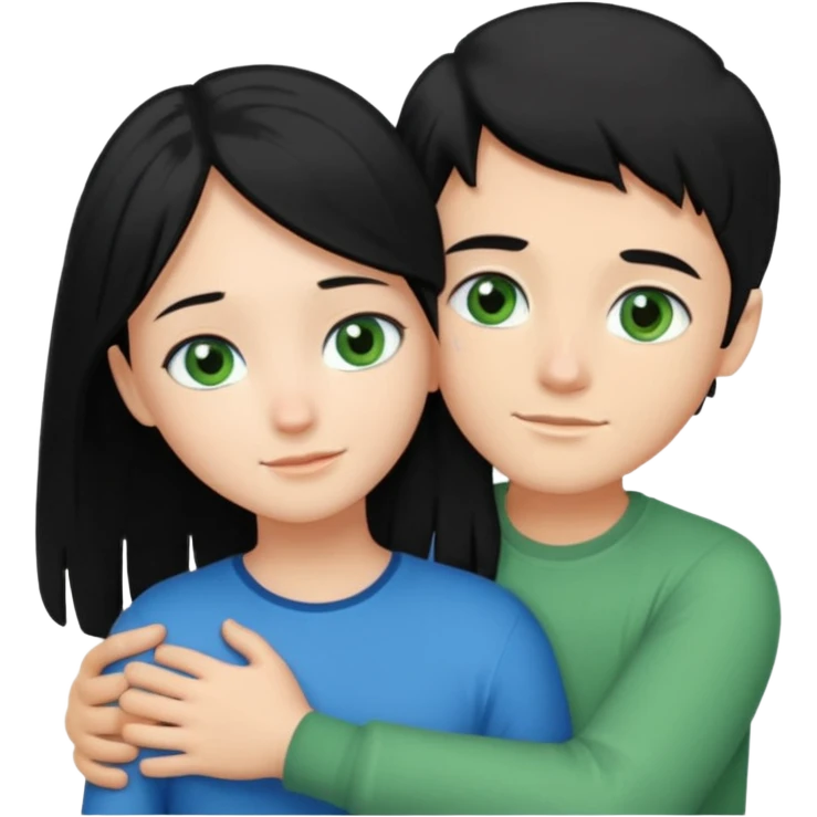 Make a couple hugging the girl is white with long black hair with blue eyes. The girl is hugging a boy with light brown short hair with green eyes. emoji