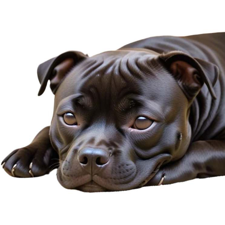 Meme-Worthy Cute Sleeping Black/Brindle Staffordshire Bull Terrier Portrait Emoji, Head resting peacefully with a contented smile, showcasing a delightfully compact build and a luxuriously soft Fur with an attractive black and brindle blend, eyes shut in a serene nap, Simplified yet hilariously adorable features, highly detailed, glowing with a soft, drowsy light, high shine, relaxed and utterly lovable, stylized with an air of playful laziness, bright and heartwarming, soft glowing outline, capturing the essence of a comically sleepy guardian, so meme-worthy it feels like it could instantly become the next viral sensation of adorable slumber! emoji