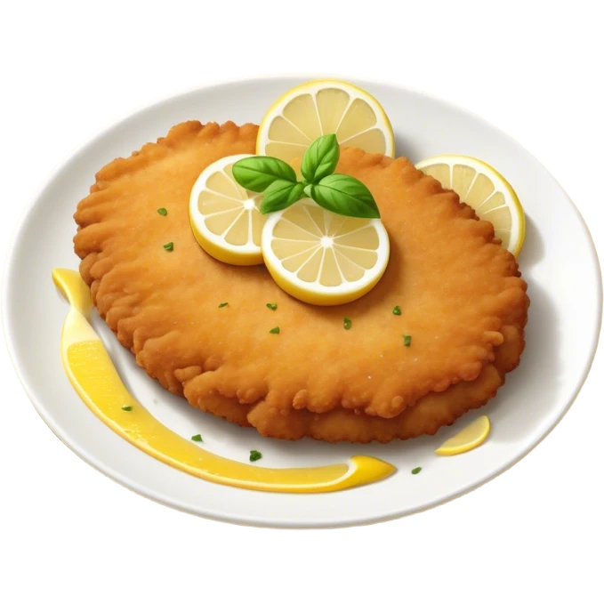 Cinematic Realistic Veal Schnitzel Dish Emoji, depicted as a golden, breaded veal cutlet served with lemon rendered with crisp textures and inviting, natural lighting. emoji