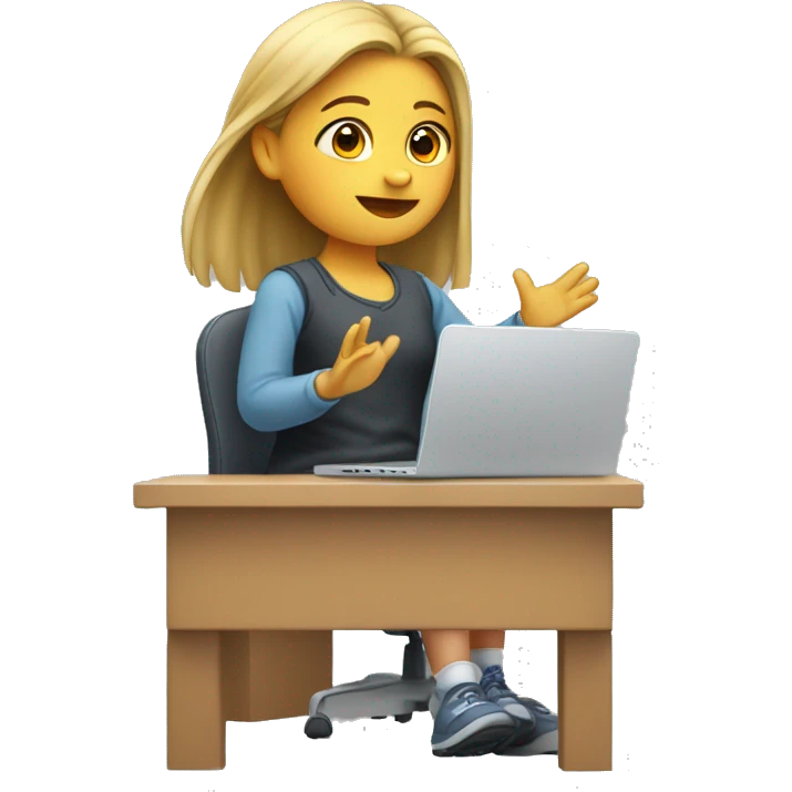 Girl sitting in front of the apple computer and raising only right hand above the head emoji